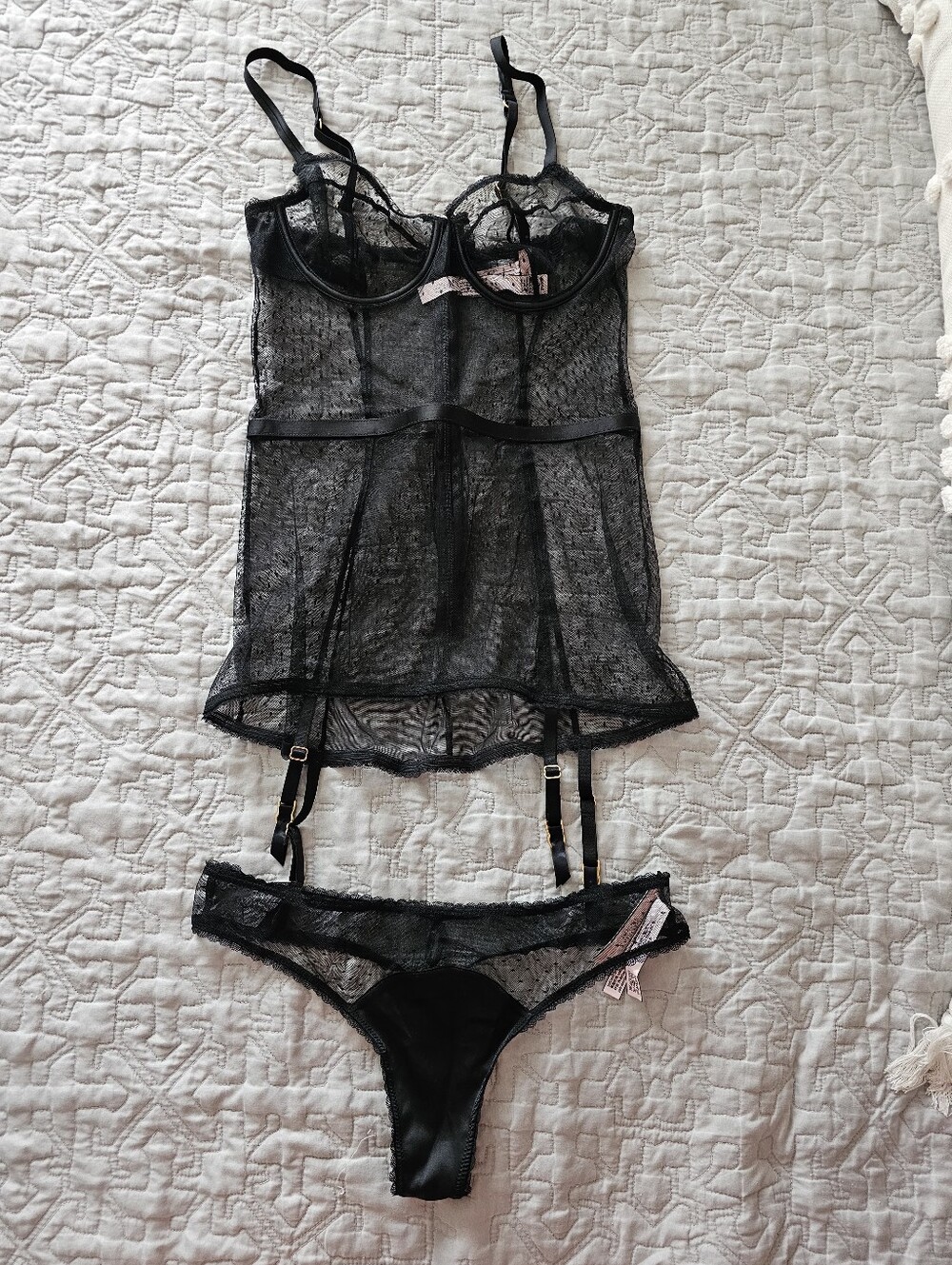 Victoria's Secret Sheer Lace Garter Chemise Set - Black